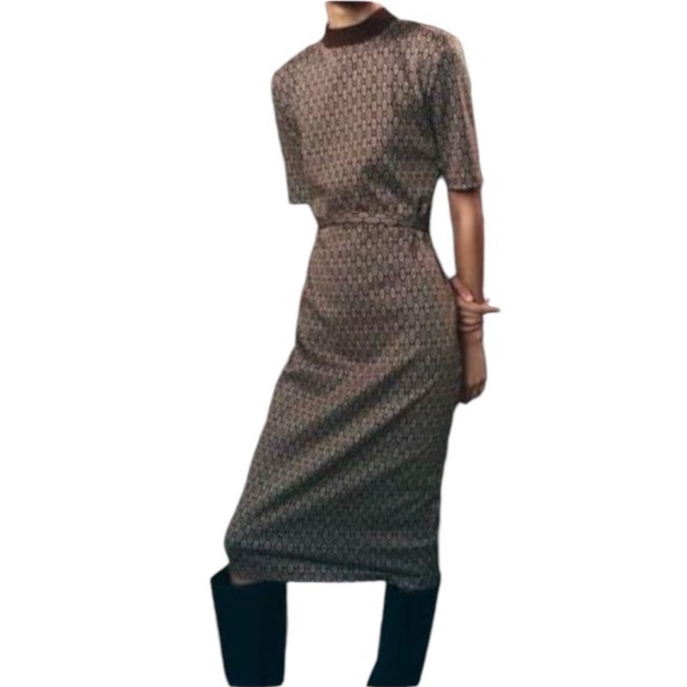 Zara Sz S Jaquard Brown Blue Geometric Mock Neck Belted Sweater Dress EUC